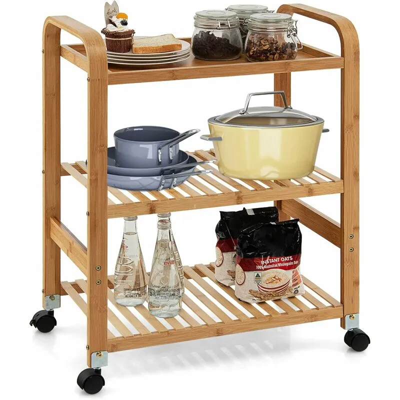 Carrello da Cucina di Bambù, Scaffale da Cucina con 3 Livelli e Ruote Staccabili, Ideale per Casa Ristorante Bar, 58x33x76 cm - Costway