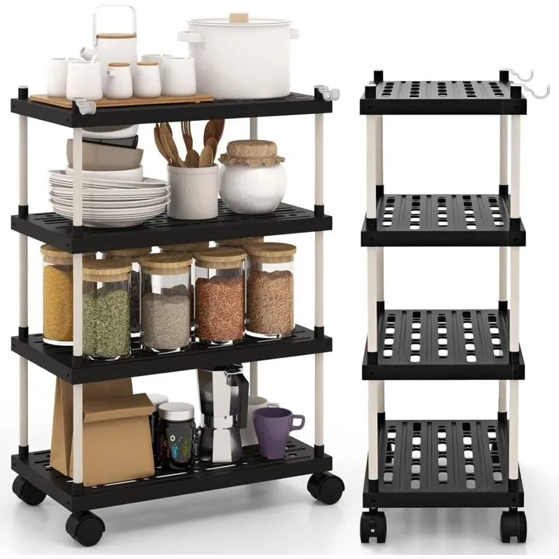 Costway - Carrello Sottile a 4 Piani, Scaffale per Cucina con Ruote Bloccabili, Ganci Laterali, Scaffale di Stoccaggio Multiuso, Carrello Estraibile