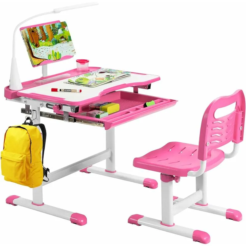 Set Scrivania e Sedia per Bambini, Tavolo per Studiare con Altezza Regolabile, Luce led e Superficie Inclinata, Scrivania e Sedia per Bambini per