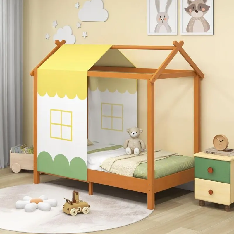 Letto per Bambini con Tetto, Letto con Tendina Rimovibile e 12 Doghe in Legno Massello, Letto Struttura per Bambini 1-6 Anni, 152x82x150 cm, Carico