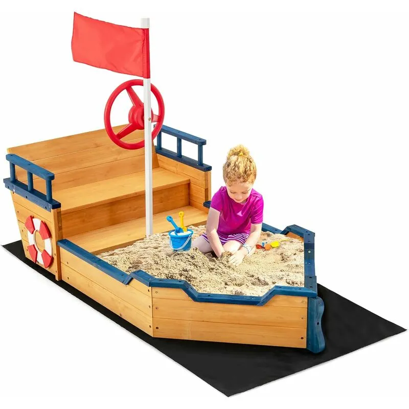 Sabbiera per Bambini in Legno Massello a Forma di Nave dei Pirati, con Cassapanca Contenitore, Bandiera e Cuscinetto impermeabile, Ideale per