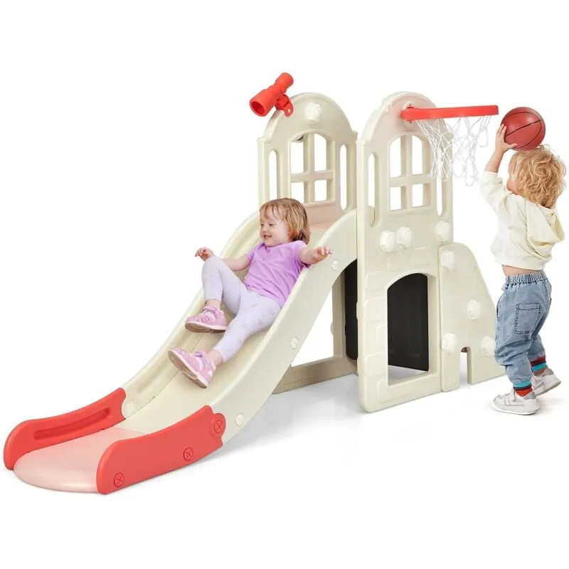 Costway - Scivolo per Bambini 6 in 1, Set da Gioco per Bambini con Canestro, Palla, Lancio dell'Anello e Cannocchiale, Ideale per Interni ed Esterni