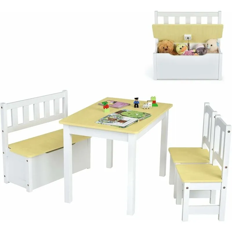 Set 4 Pezzi Tavolo e Sedie per Bambini, Set Tavolo Attività di Legno 2 in 1 per Bambini con 2 Sedie e 1 Panca, Per Bambini per Giocare Disegnare