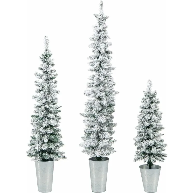 Set di 3 Alberi di Natale Artificiali da 90 cm + 120 cm + 150 cm, Alberi di Natale Slim Innevati con 120 + 140 + 160 Punte di Rami e Barili di