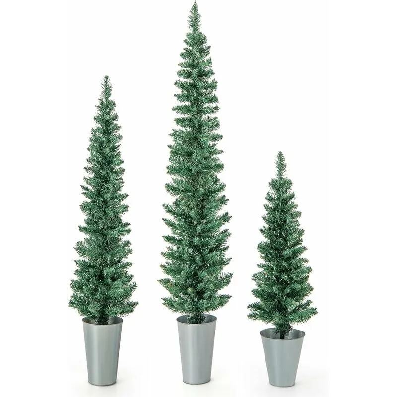 Set di 3 Alberi di Natale Artificiali da 90 cm + 120 cm + 150 cm, Alberi di Natale Slim con 120 + 140 + 160 Punte di Ramo e Basi in Metallo Riempite