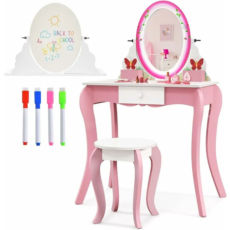 Costway - Set di Tavolo da Toeletta per Bambini con Cassetto e Sgabello, Tavolo da Trucco con Specchio Girevole a 360°e Lavagna Bianca, per Bambine