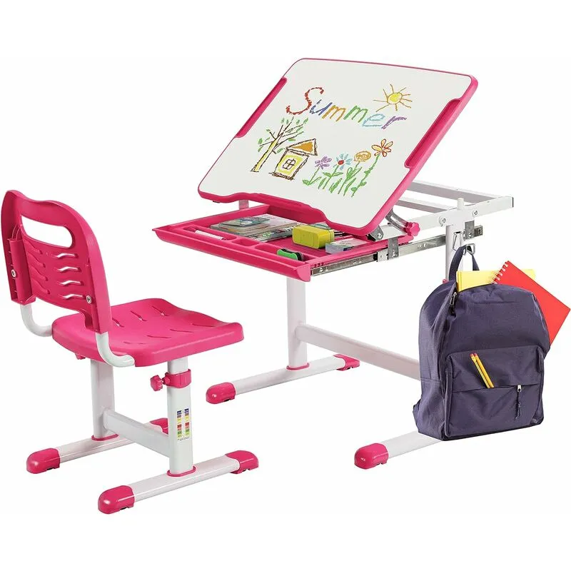 Set Scrivania e Sedia per Bambini, Set Tavolo con Altezza Regolabile per Bambini, Tavolo per Studiare con Superficie Inclinabile (Rosa) - Costway