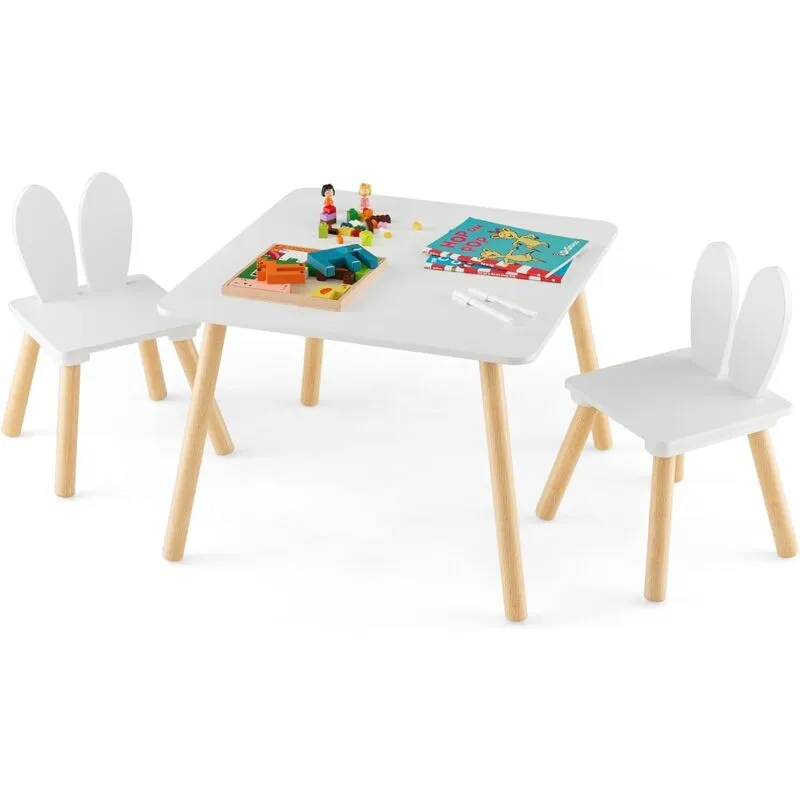 Set Tavolino Bambini con 2 Sedie a Coniglio, Set Tavolo e Sedie per Bambini con Gambe in Legno di Pino, per Bambini da 3 a 6 Anni, per Giocare,