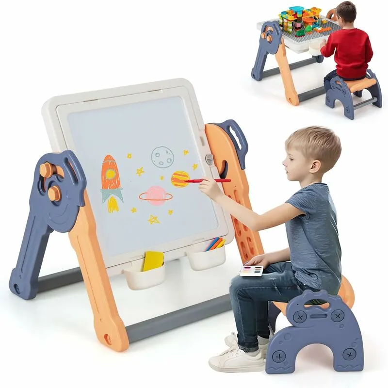 Costway - Set Tavolo e Sedia per Bambini con Cavalletto, Tavolo Pieghevole per Bambini con Piano Reversibile per Costruzioni, 4 Cestini Rimovibili,