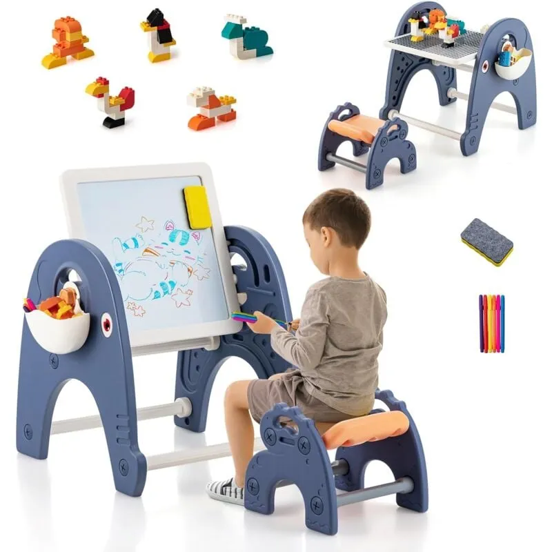 Costway - Set Tavolo e Sedia per Bambini con Cavalletto, Tavolo Pieghevole per Bambini con Piano Reversibile per Costruzioni, per Disegnare, Studiare