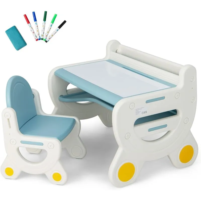 Set Tavolo e sedia per Bambini, Tavolo per Bambini con Sedia, Tavolo da Disegno Cancellabile e Ripiano, per Disegnare, Leggere, Giocare, Ideale per