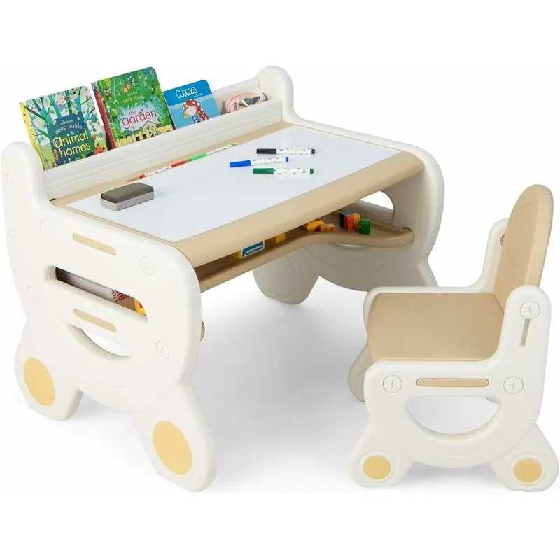  Set Tavolo e sedia per Bambini, Tavolo per Bambini con Sedia, Tavolo da Disegno Cancellabile e Ripiano, per Disegnare, Leggere, Giocare,