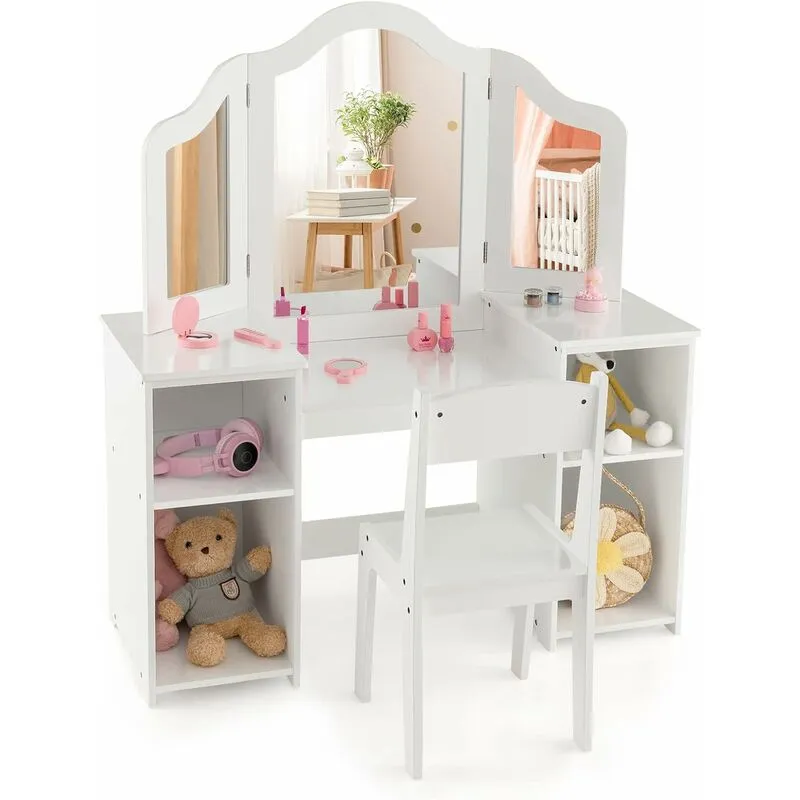 Costway - Set Toeletta per Bambini 2 in 1, Set Postazione Trucco in Legno con Sedia, Specchio a 3 Ante Rimovibile e 4 Scomparti, per Bambini 3+ Anni,