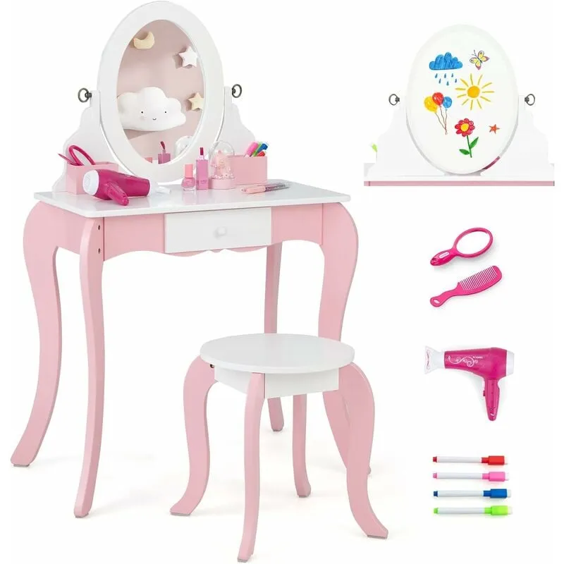 Costway - Set Toletta e Sedia per Bambini, Toletta Trucco 2 in 1 con Specchio Ruotabile a 360° e Cassetto, per Bambini 3-7 anni, 60 x 34 x 100 cm