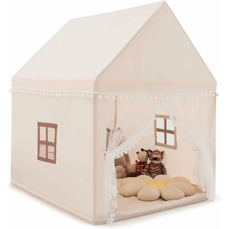 Costway - Tenda da Gioco Casetta per Bambini, Castello Giocattolo in Legno Cotone, con Struttura Stabile e Finestre Traspirabili, 105x120x140 cm