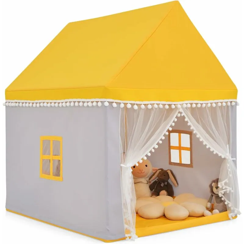 Costway - Tenda da Gioco Casetta per Bambini, Castello Giocattolo in Legno Cotone, con Struttura Stabile e Finestre Traspirabili, 105x120x140 cm