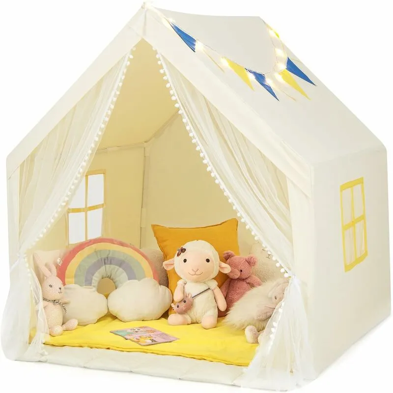 Costway - Tenda da Gioco per Bambini, Casetta per Bambini con Tappeto in Cotone Lavabile Luci Stellari e Finestre, Tenda del Castello, 122x105x125 cm