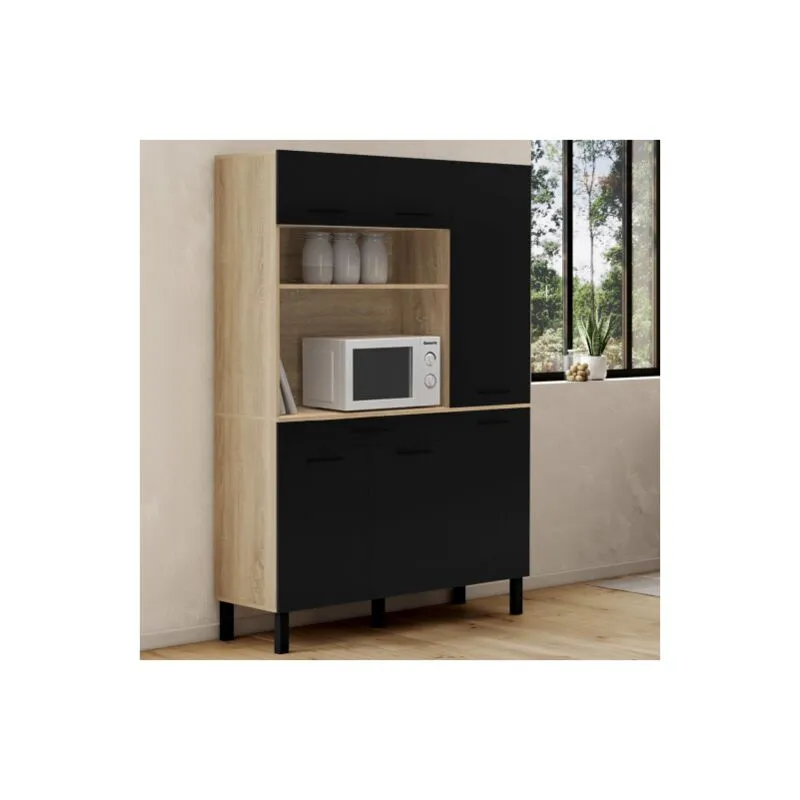 Credenza da cucina cina con colonna 120 cm, 6 ante + cassetto, finitura faggio e nero