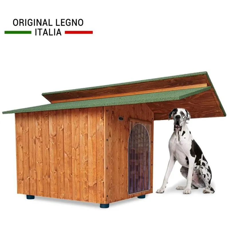 Cuccia in Legno per Cani da Esterno 'Rinforzata' Tendina omaggio mod. Alpi Pensilina Verde made in italy e - Alano 102x180xH108 Tendina omaggio