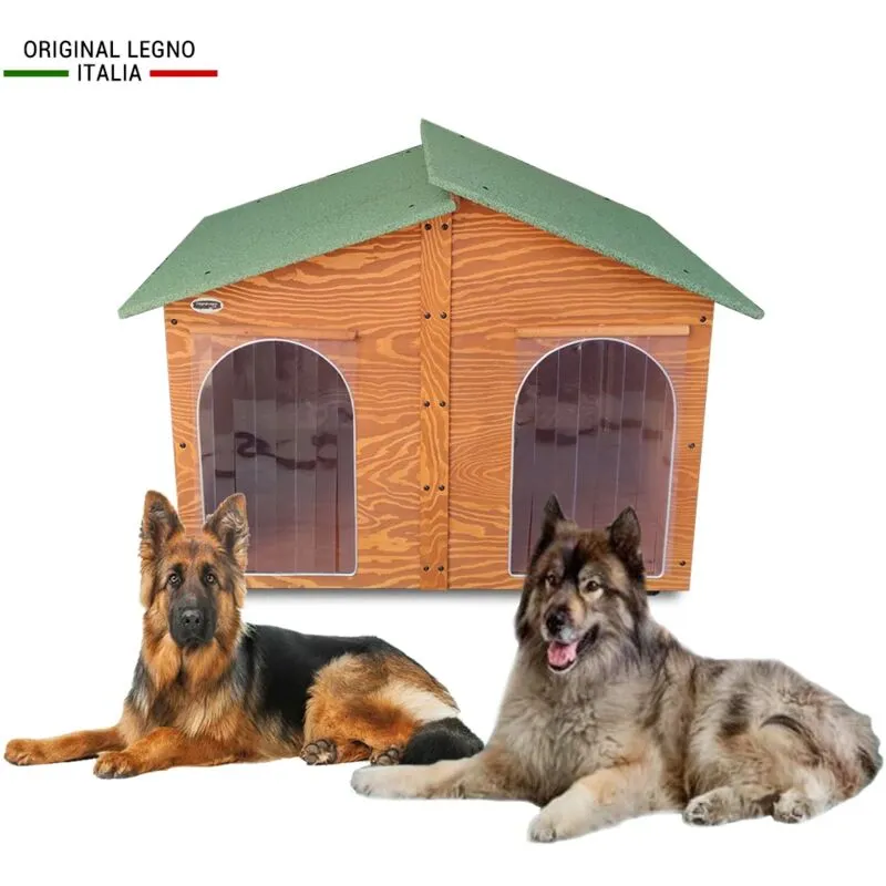 Cuccia In Legno Per Cani da Esterno 'Rinforzata' 2 Tendine omaggio mod. Extra Large Verde made in italy cc - Mod. xxxl "Gigante" Con Doppio Ingresso