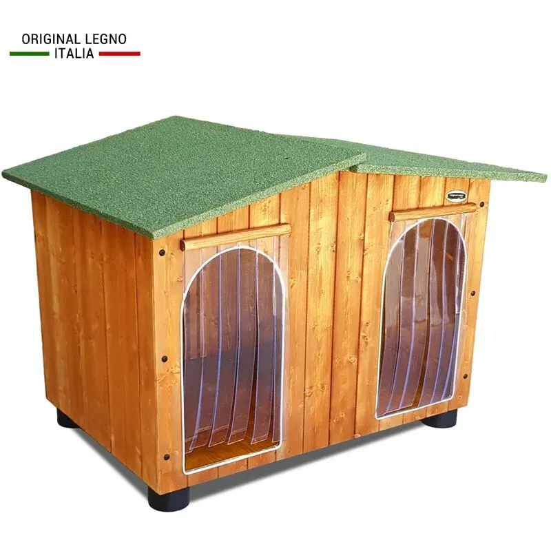 Cuccia in Legno per Cani da Esterno 'Rinforzata' 2 tendine omaggio mod. Oasi made in italy b - Doppio Ingresso con 2 tendine omaggio