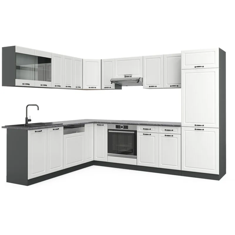  - Cucina angolare completa R-Line, Bianco casa di campagna/antracite, 227 x 287 cm senza piano di lavoro