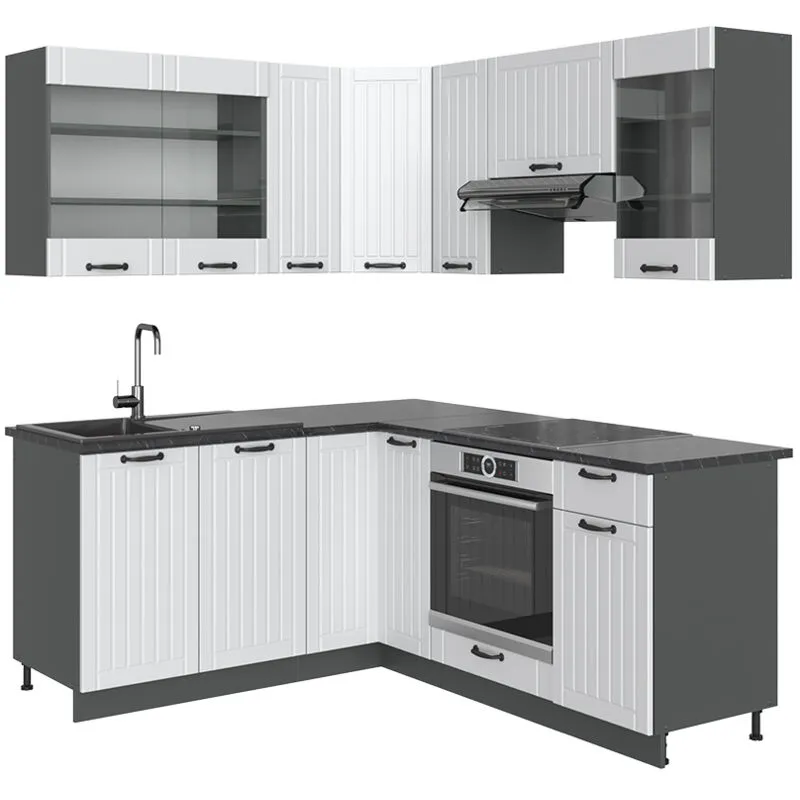  - Cucina angolare completa Fame-Line, Bianco casa di campagna/antracite, 160 x 190 cm , pl Antracite