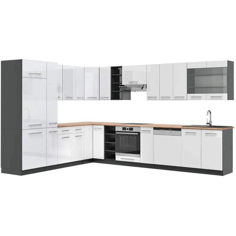  - Cucina angolare completa Fame-Line, Bianco lucido/antracite, 347 x 257 cm , pl Rovere