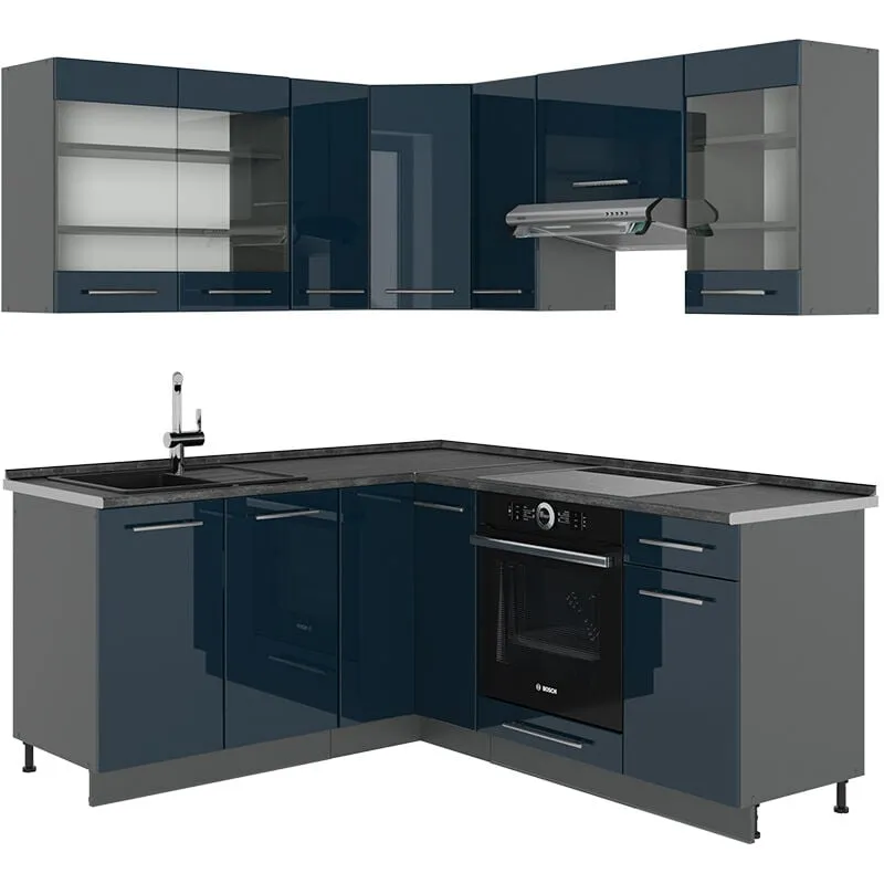  - Cucina angolare completa Fame-Line, Blu scuro lucido/antracite, 160 x 60 cm senza piano di lavoro