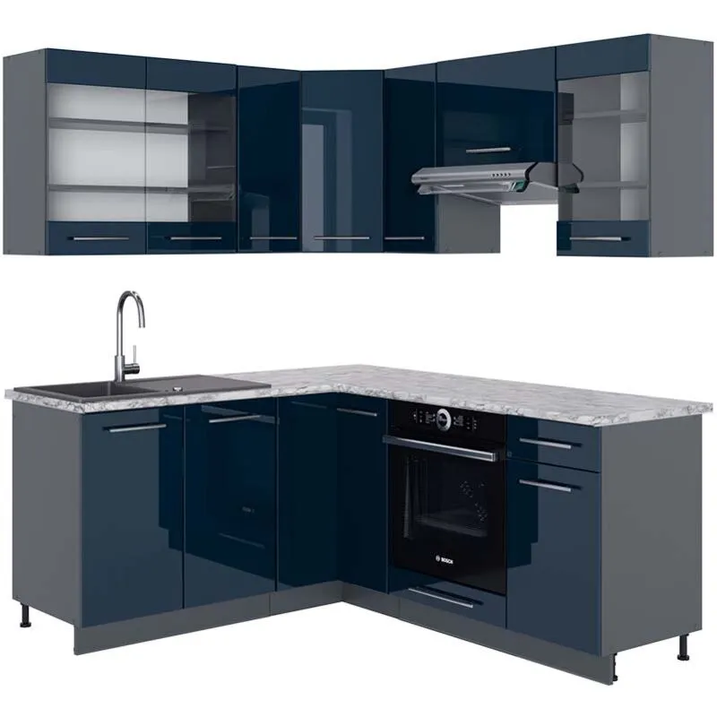  - Cucina angolare completa Fame-Line, Blu scuro lucido/antracite, 160 x 190 cm , pl Marmo