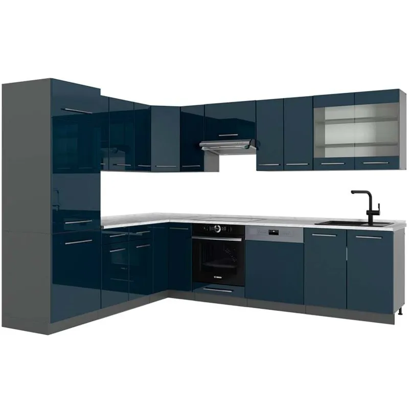 Cucina angolare completa Fame-Line, Blu scuro lucido/antracite, 227 x 287 cm , PL Marmo, 