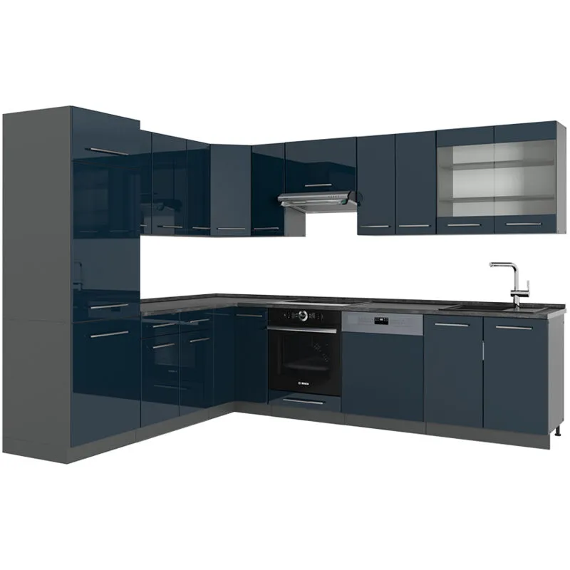  - Cucina angolare completa Fame-Line, Blu scuro lucido/antracite, 227 x 287 cm , pl Antracite