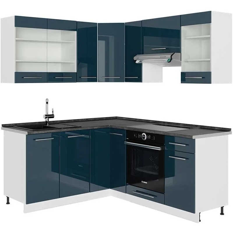 Cucina angolare completa Fame-Line, Blu scuro lucido/bianco, 160 x 190 cm , PL Antracite, 