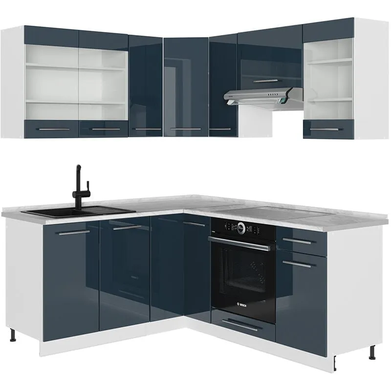  - Cucina angolare completa Fame-Line, Blu scuro lucido/bianco, 160 x 60 cm senza piano di lavoro