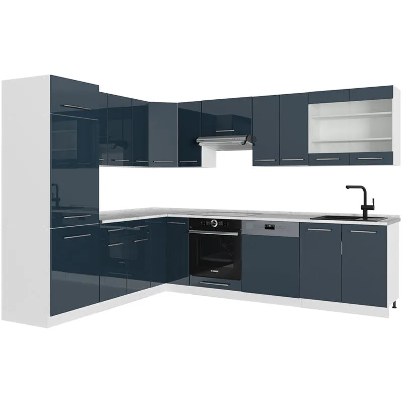  - Cucina angolare completa Fame-Line, Blu scuro lucido/bianco, 287 x 227 cm , pl Marmo