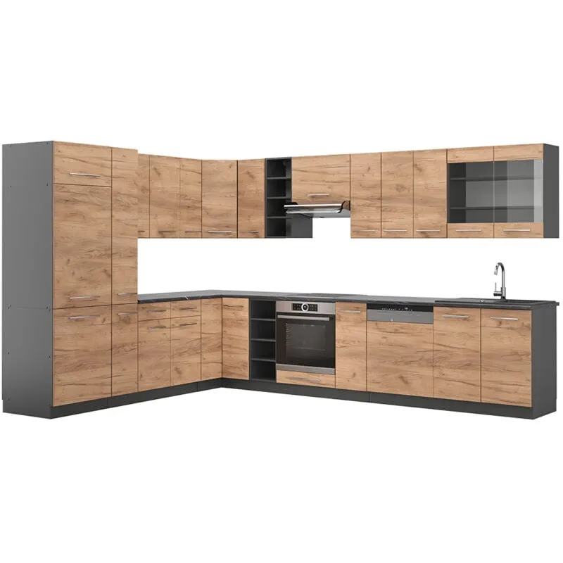  - Cucina angolare completa Fame-Line, Quercia dorata/antracite, 347 x 257 cm , pl Antracite