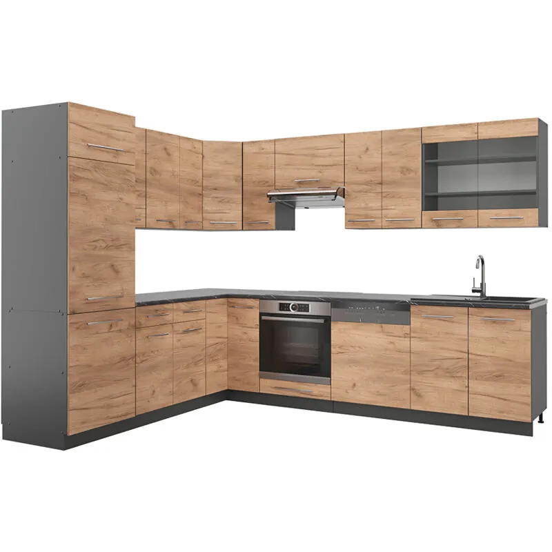  - Cucina angolare completa Fame-Line, Quercia dorata/antracite, 227 x 287 cm , pl Antracite