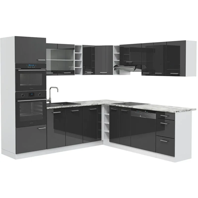  - Cucina angolare completa R-Line, Antracite lucido/bianco, 237 x 60 cm , pl Marmo