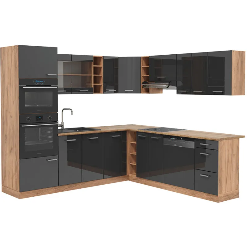  - Cucina angolare completa R-Line, Antracite lucido/oro power oak, 237 x 60 cm senza piano di lavoro