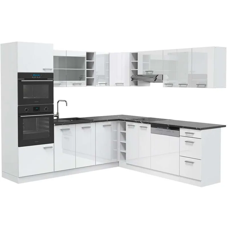  - Cucina angolare completa R-Line, Bianco lucido/bianco, 237 x 247 cm , pl Antracite