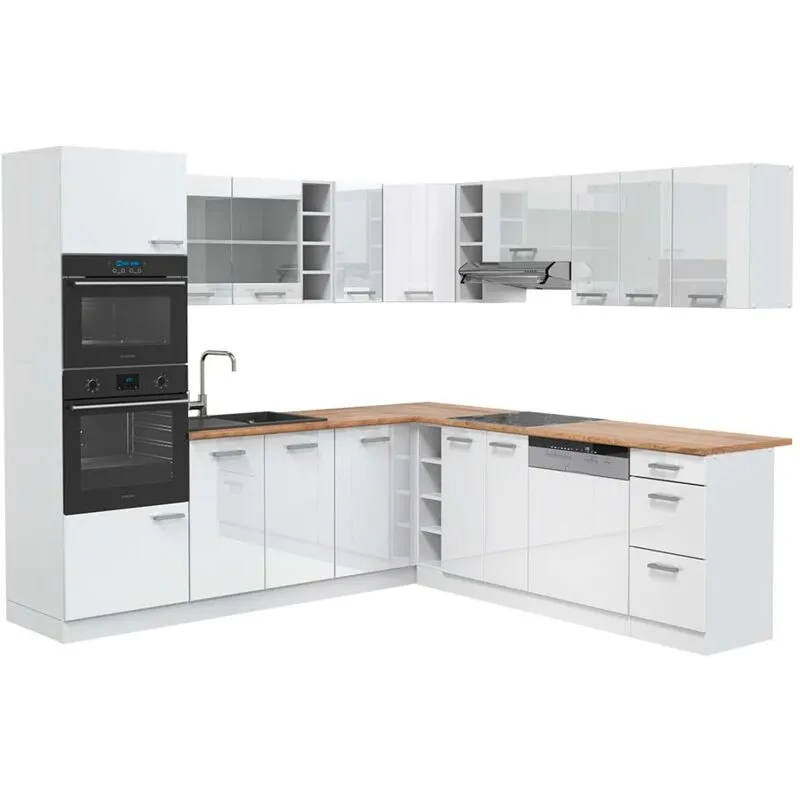  - Cucina angolare completa R-Line, Bianco lucido/bianco, 237 x 247 cm , pl Rovere