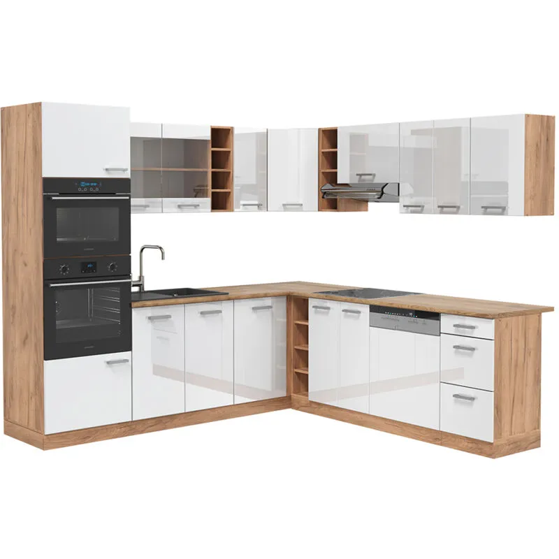  - Cucina angolare completa R-Line, Bianco lucido/oro power oak, 237 x 60 cm senza piano di lavoro