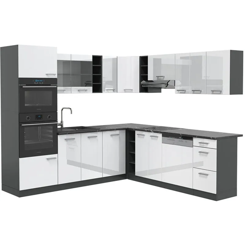  - Cucina angolare completa R-Line, Bianco lucido/antracite, 237 x 60 cm senza piano di lavoro