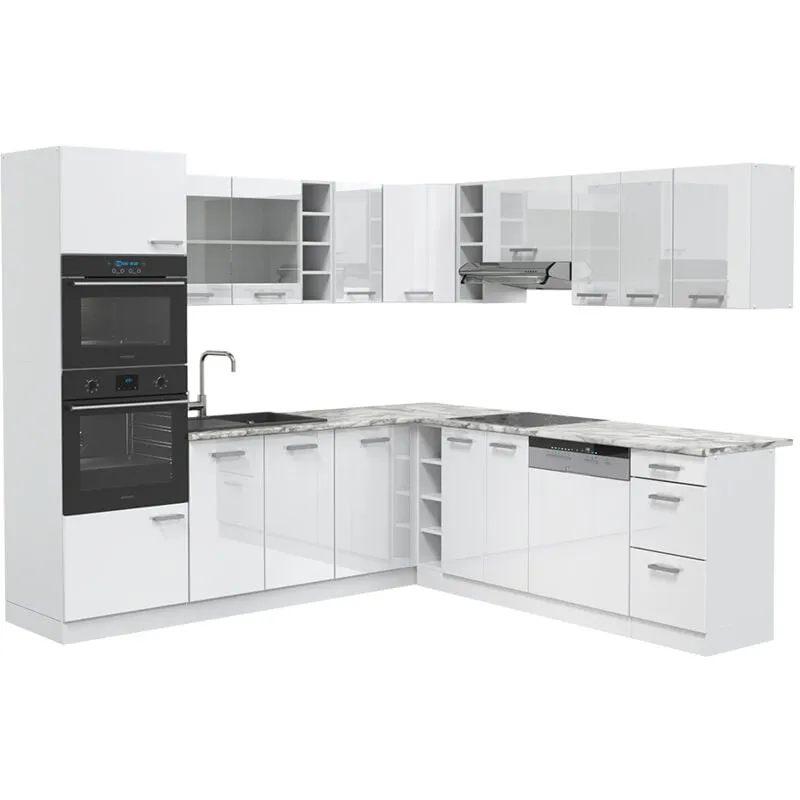  - Cucina angolare completa R-Line, Bianco lucido/bianco, 237 x 60 cm , pl Marmo