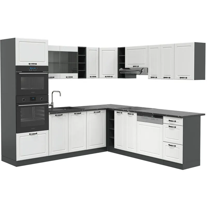  - Cucina angolare completa R-Line, Bianco casa di campagna/antracite, 237 x 247 cm , pl Antracite