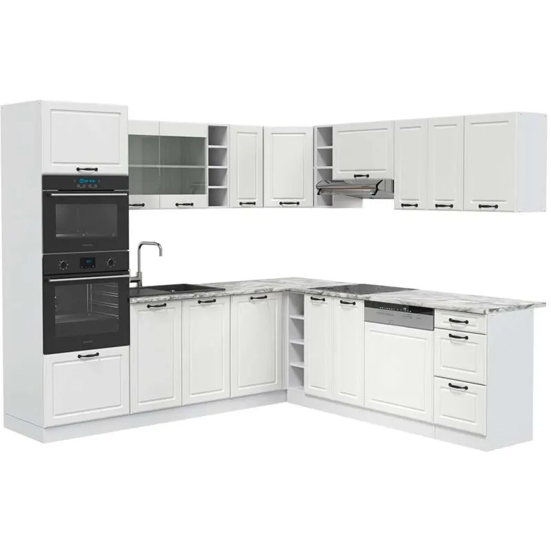  - Cucina angolare completa R-Line, Casa di campagna bianca/bianco, 237 x 60 cm , pl Marmo