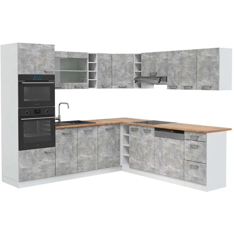  - Cucina angolare completa R-Line, Cemento/Bianco, 237 x 247 cm , pl Rovere