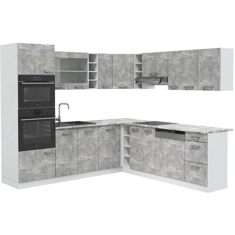  - Cucina angolare completa R-Line, Cemento/Bianco, 237 x 60 cm , pl Marmo