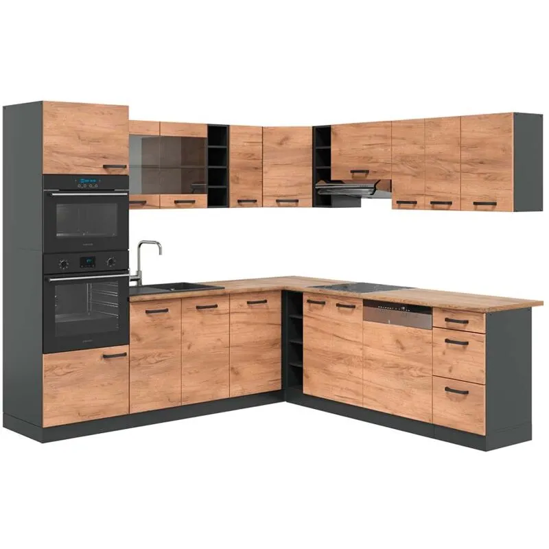  - Cucina angolare completa R-Line, Quercia dorata/antracite, 237 x 247 cm , pl Rovere