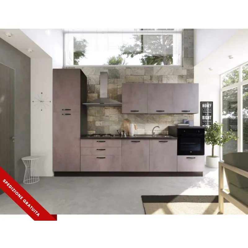 Stilprojectstore-casa E Ufficio - Cucina a composizione fissa lineare, cemento-fumo con elettrodomestici l. 300x228 - Asia